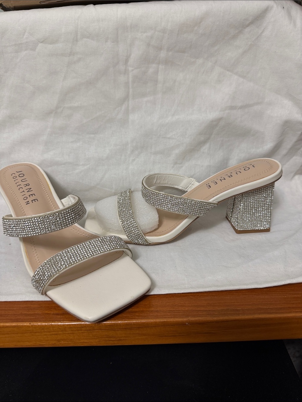 Journee Collection White Rhinestone Double-Strap Block Heels